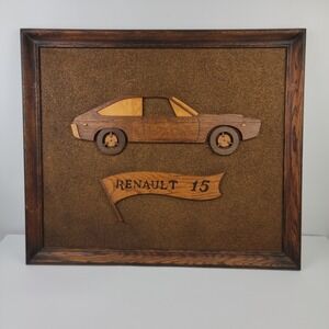 Vintage Renault 15 Wood Inlay Marquetry Wall Art Framed Automotive Decor